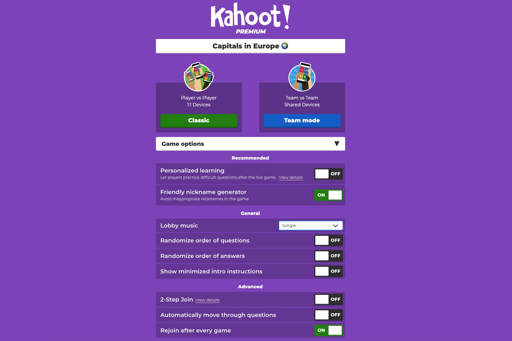 Kahoot game options screen