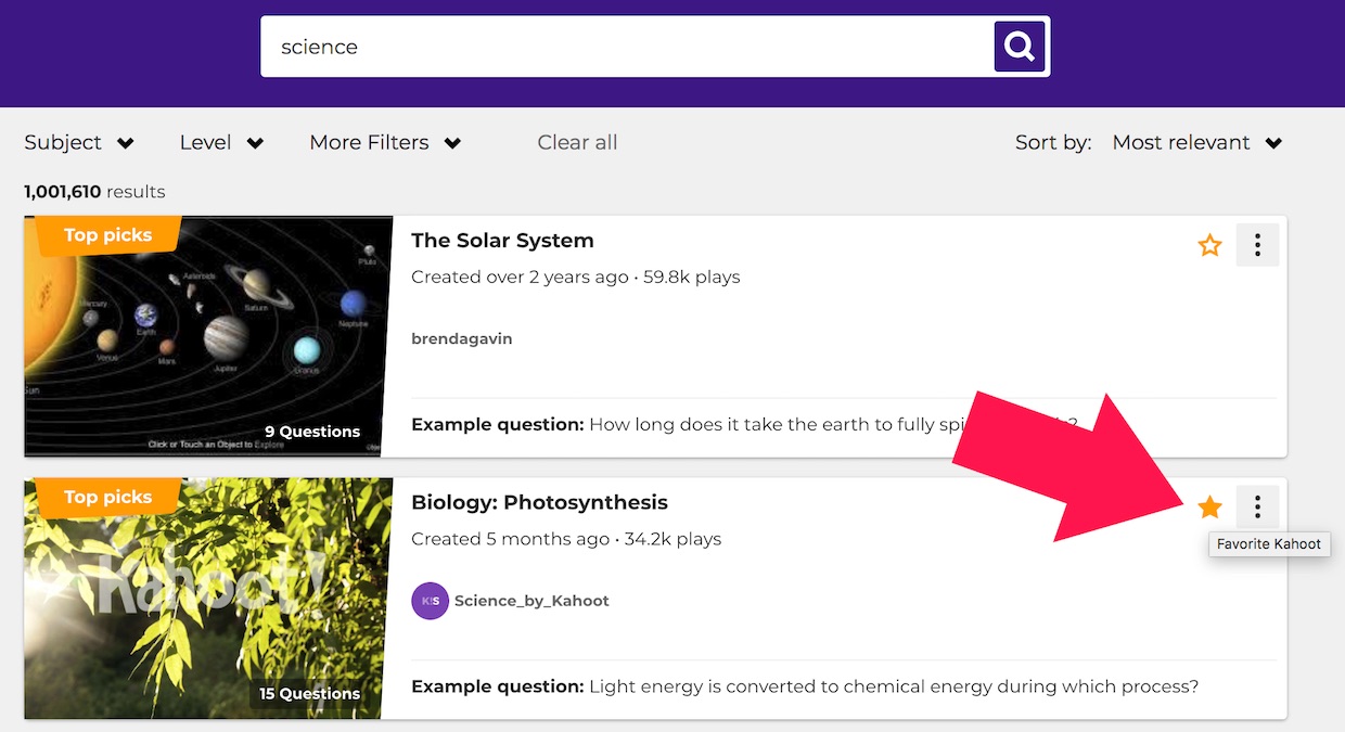 Favorite a kahoot from search results to save it for later