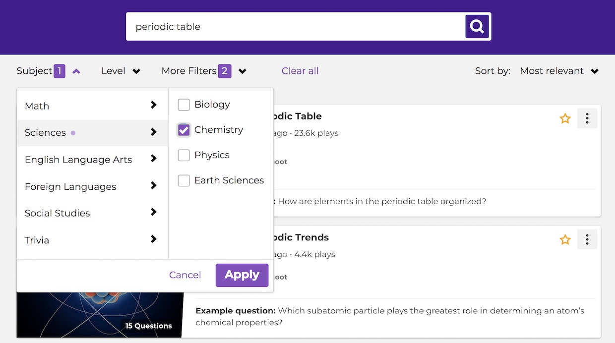 Filter kahoot search results by subject, level, etc