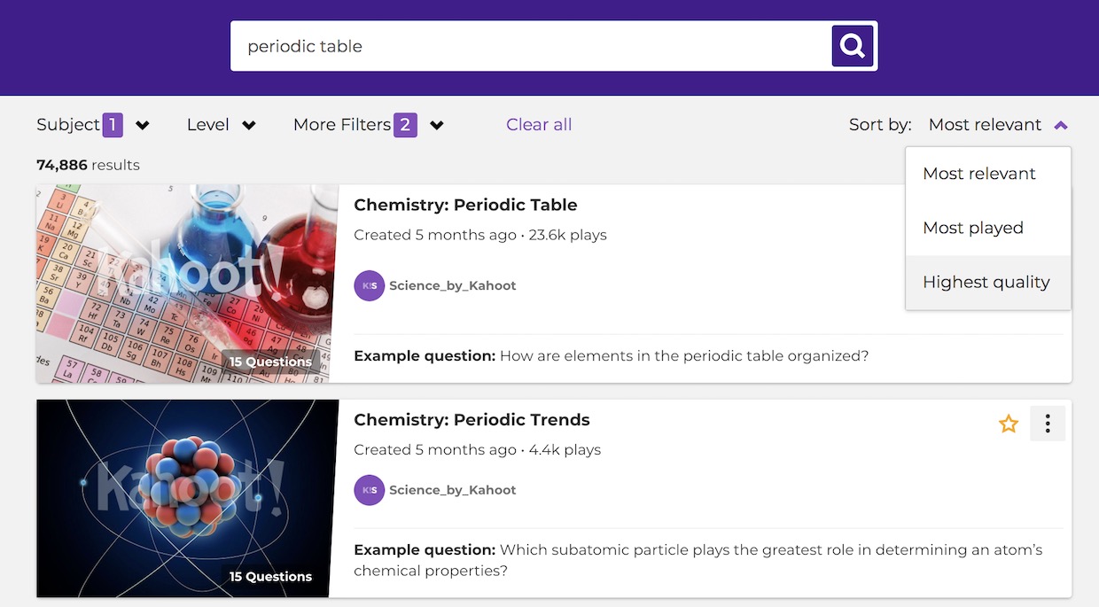 Choose how to sort kahoot search results