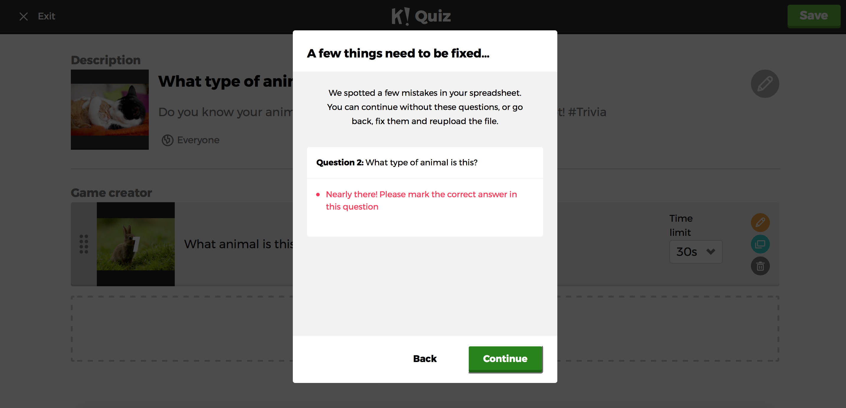 Error message in Kahoot!'s spreadsheet importer