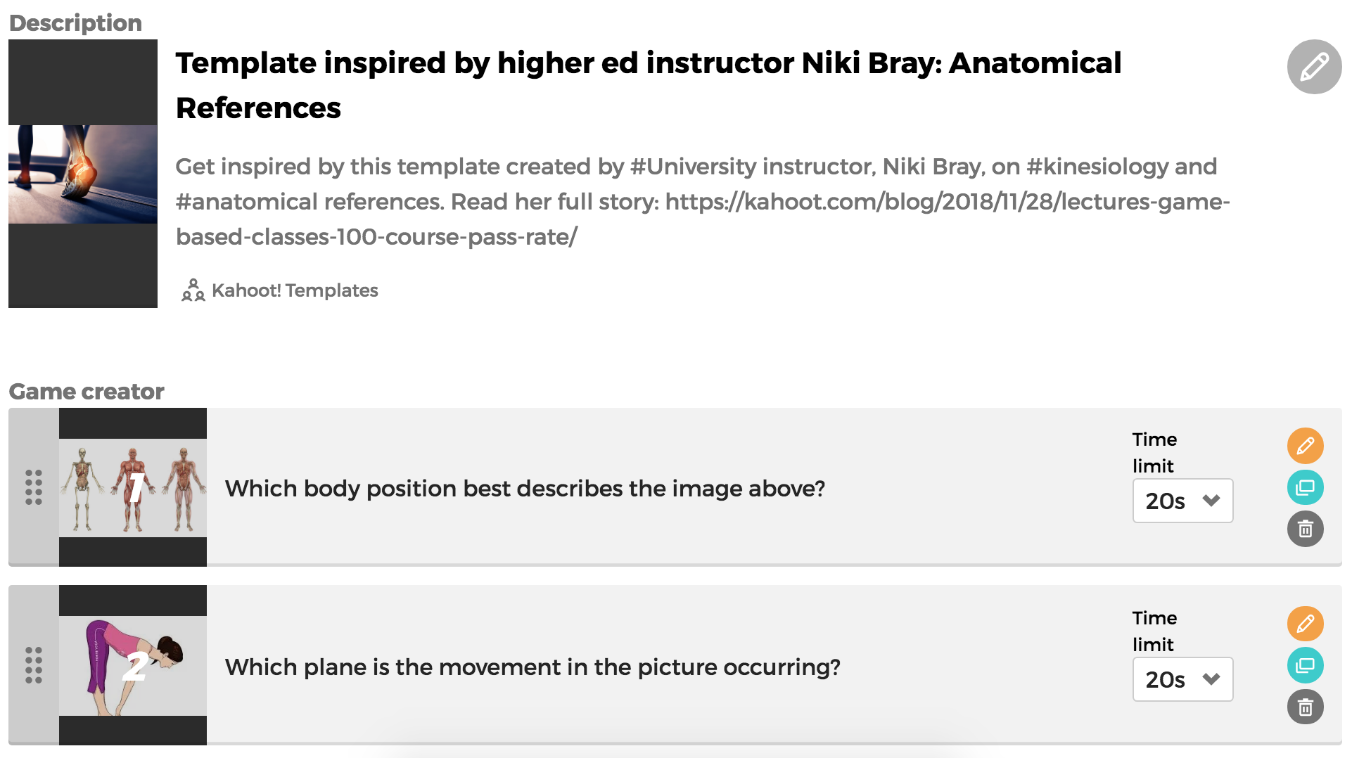 Screen shot of Niki Bray's kahoot template on anatomical references
