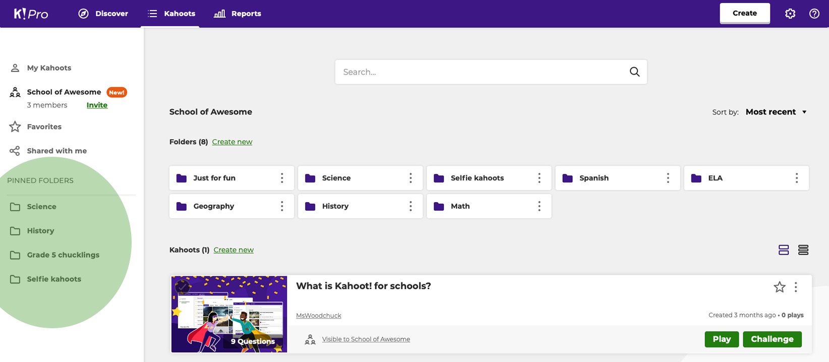 Pin selected folders in Kahoot! for schools or businesses