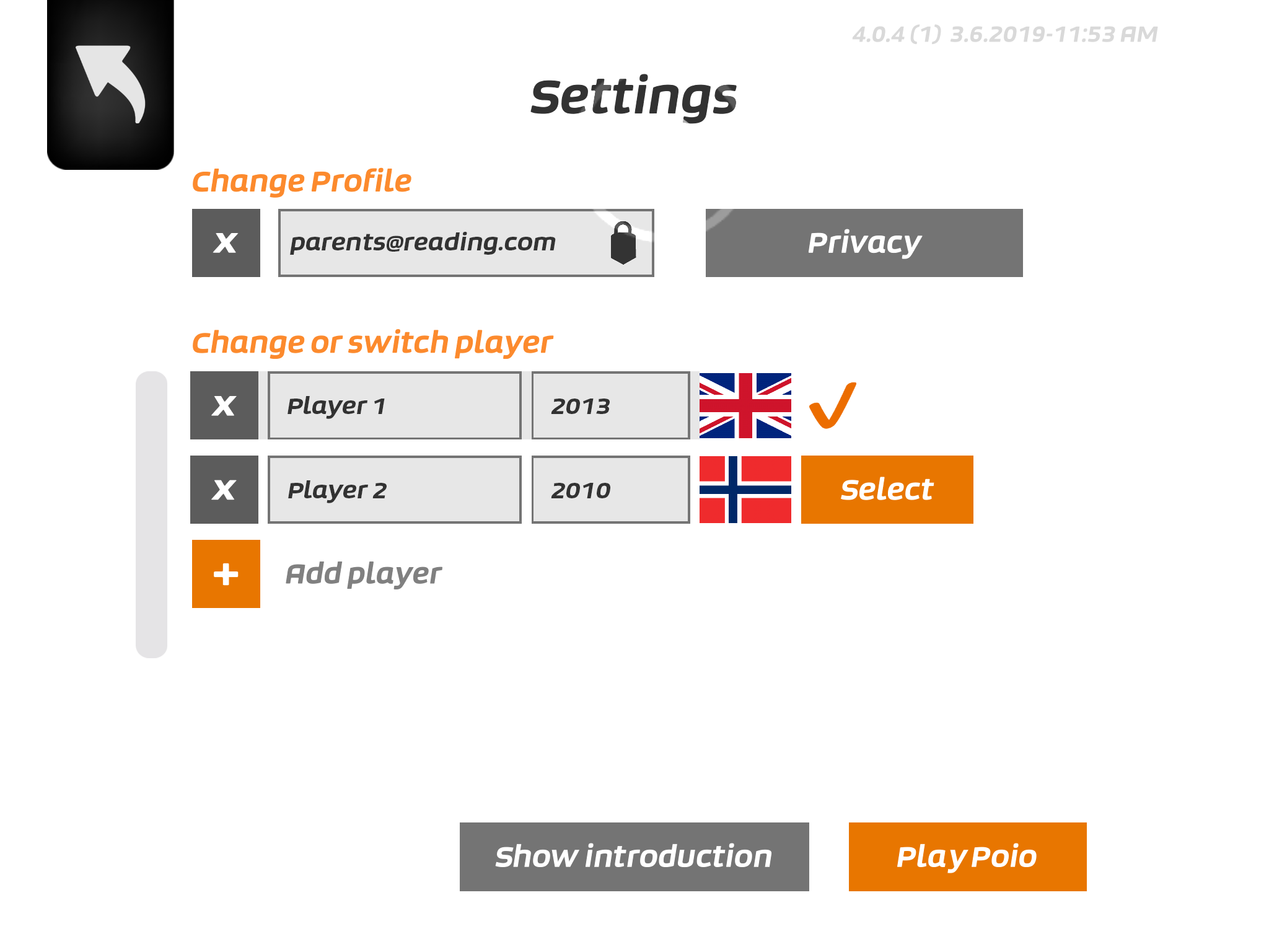 Poio settings menu