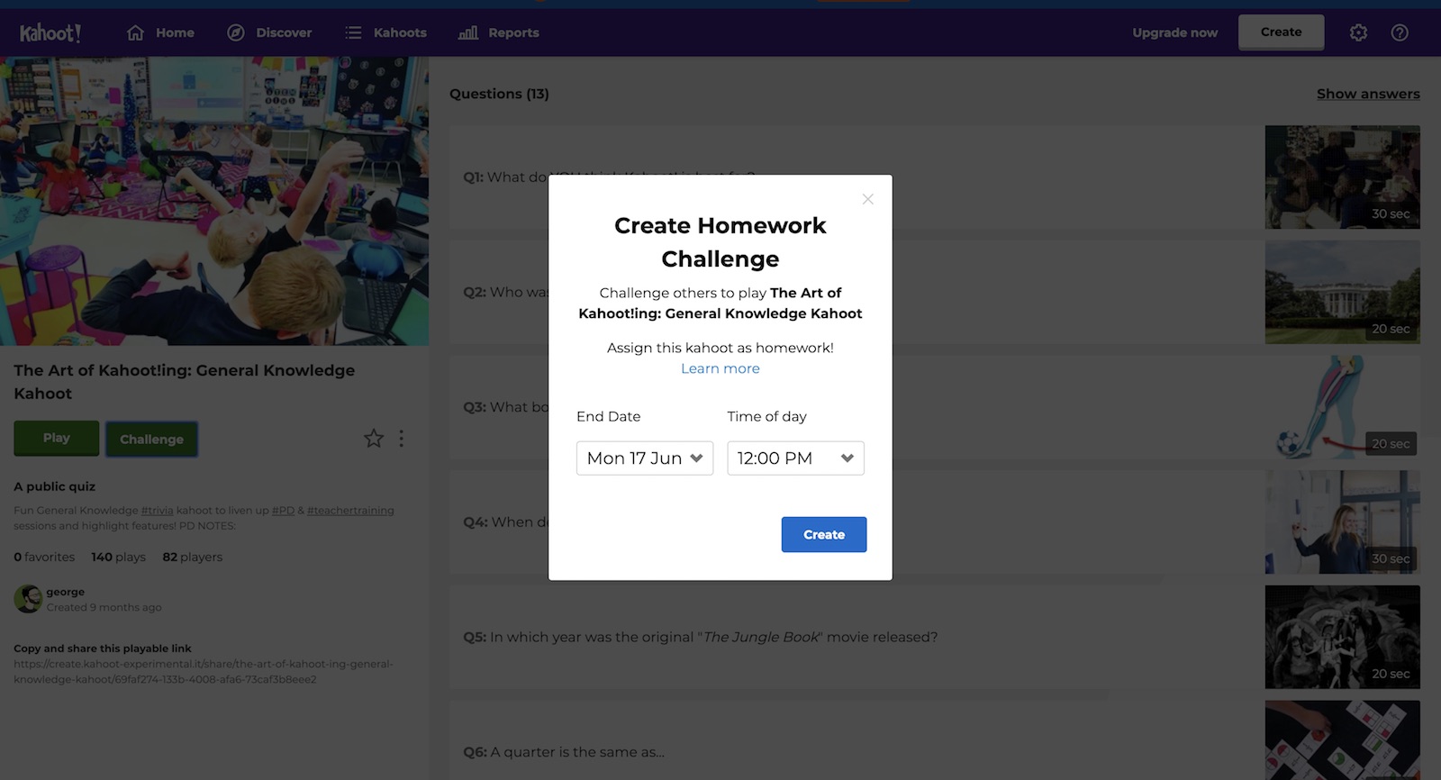 Create homework challenge on Kahoot!