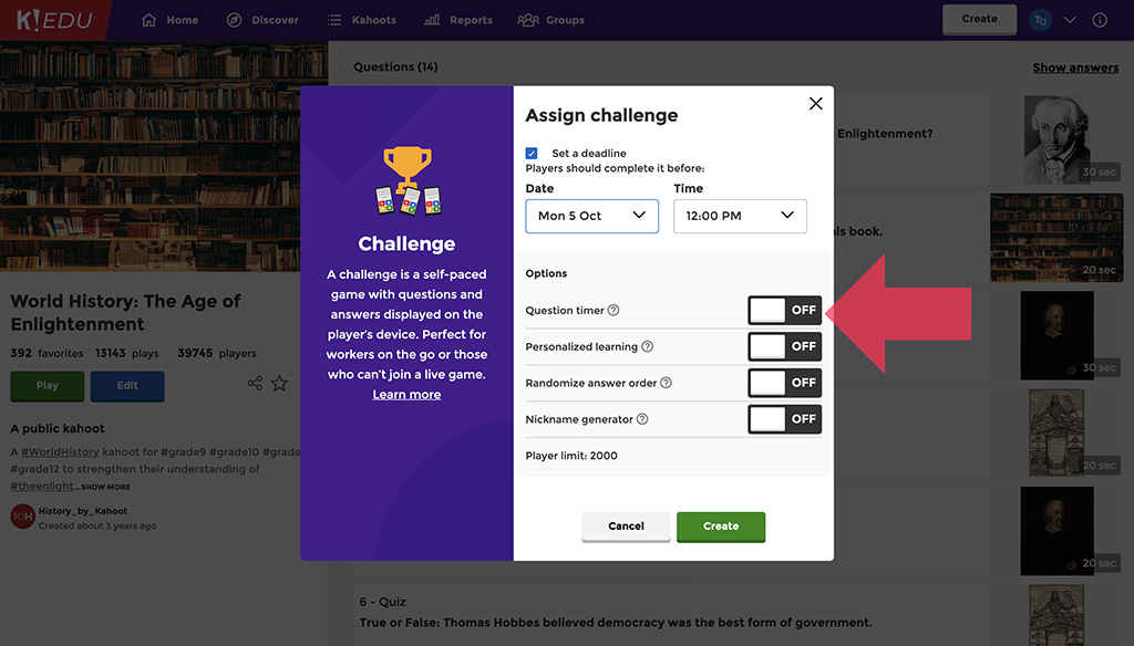 Turn off the timer on a student-paced Kahoot! challenge