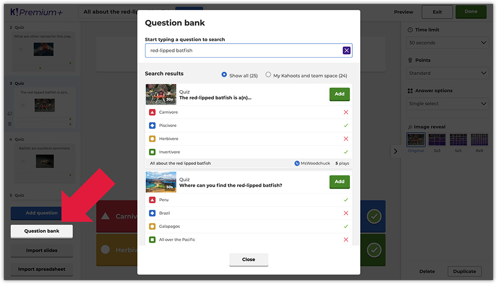 How to create a kahoot: Using question bank