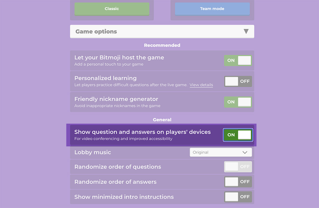 How to display Kahoot! questions and answers on students' devices