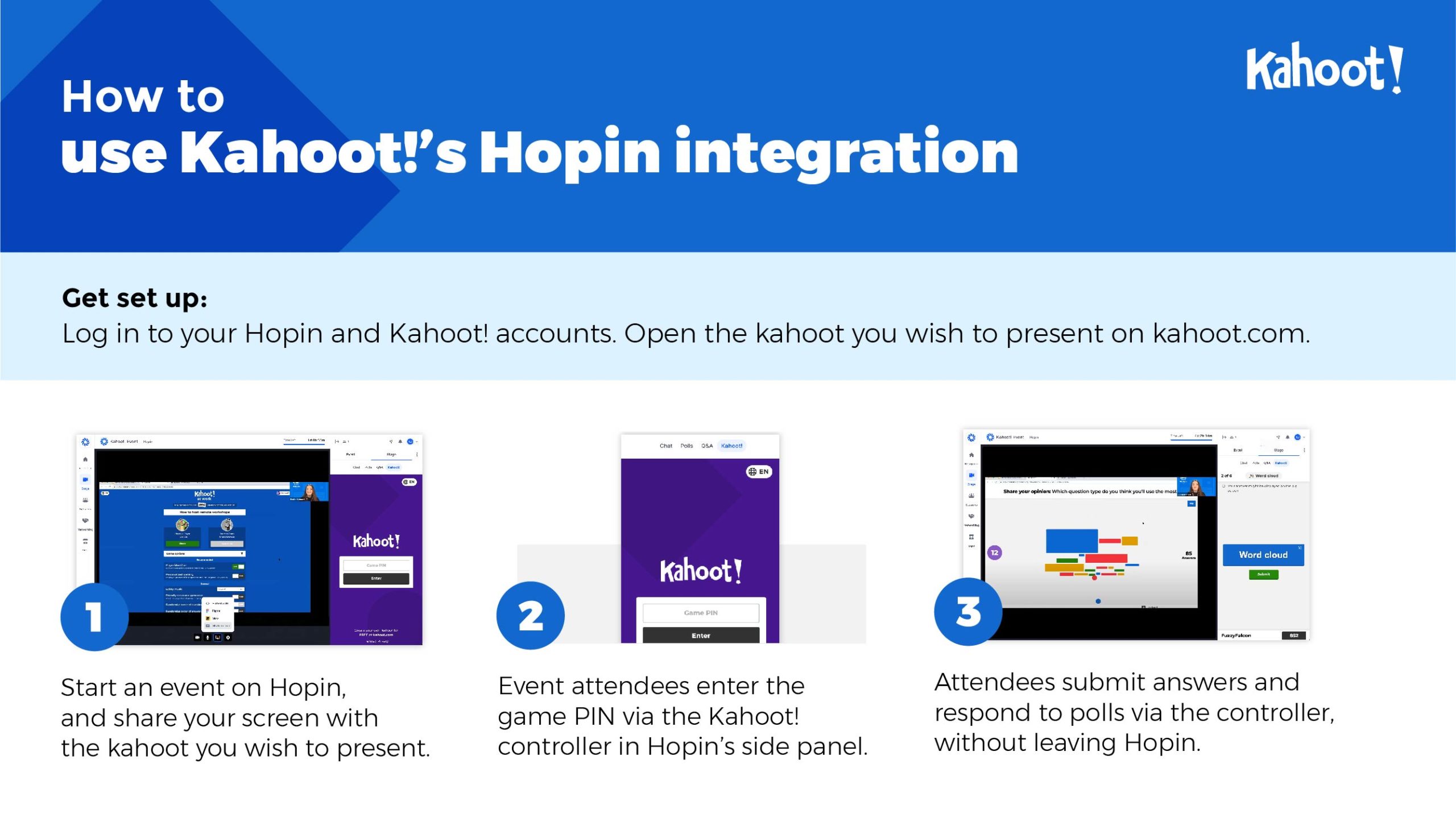 Visual guide on how to use Kahoot! within Hopin
