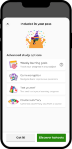 picture of kahoot app open on a cell phone displaying advanced study options