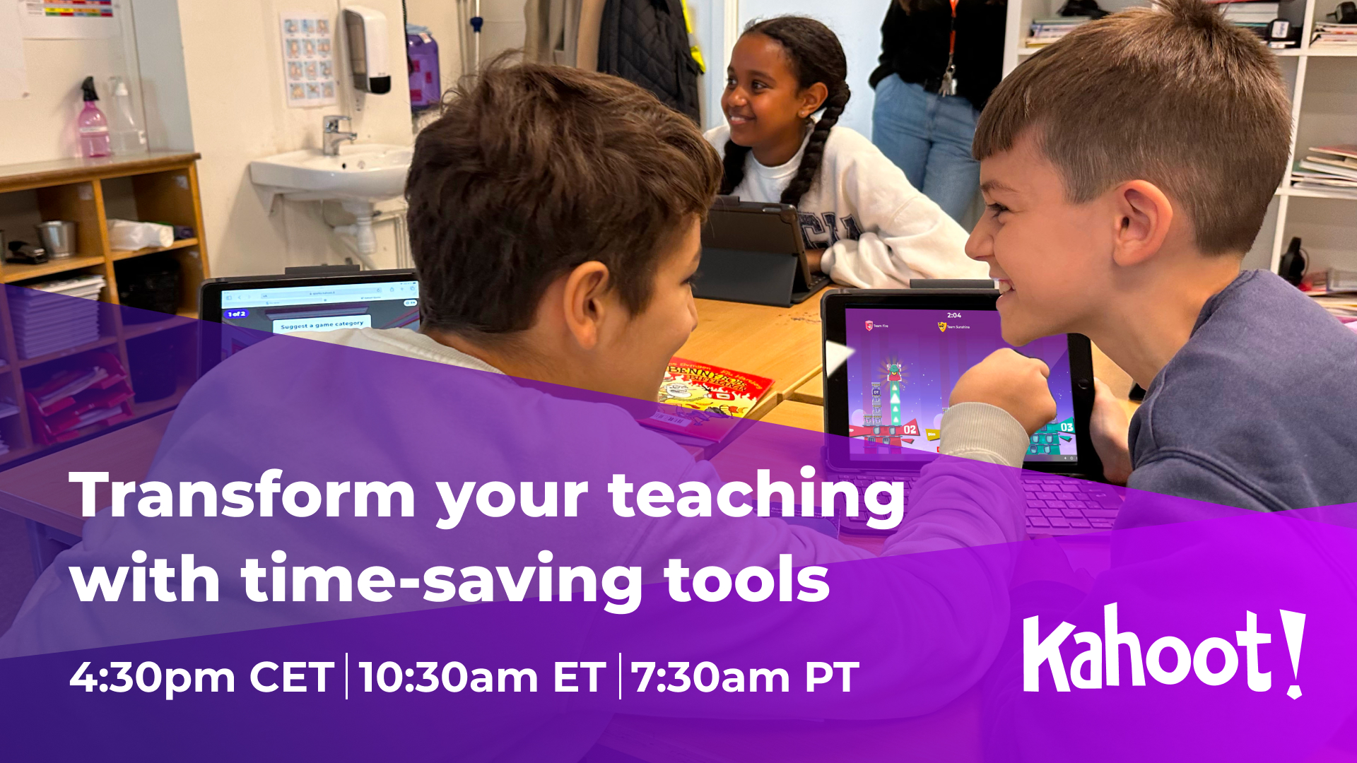 Image of two boys playing Kahoot! while smiling to each other. Text: Free Kahoot! webinar: transform your teaching with time-saving tools