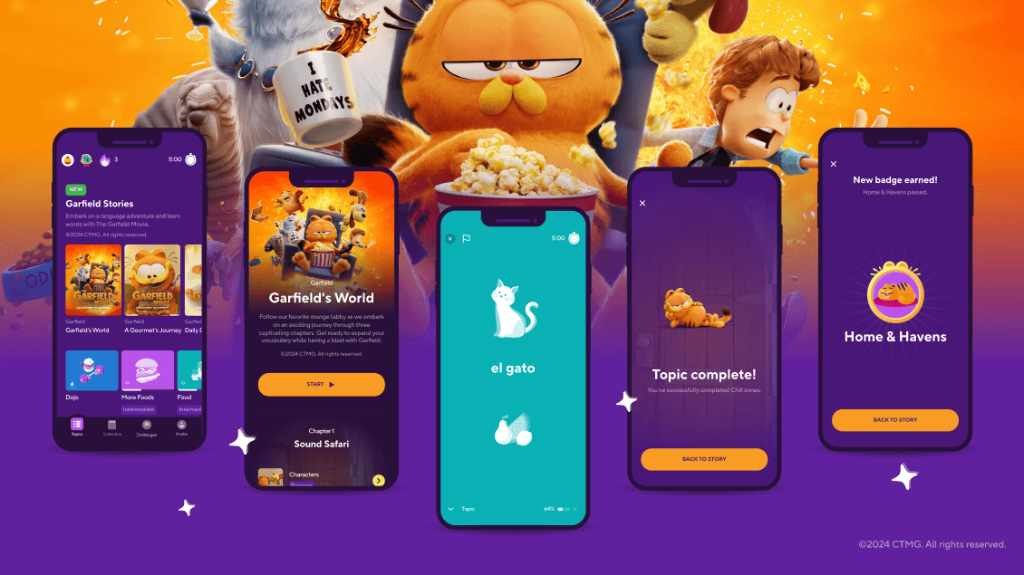 Drops app screens with Garfield content