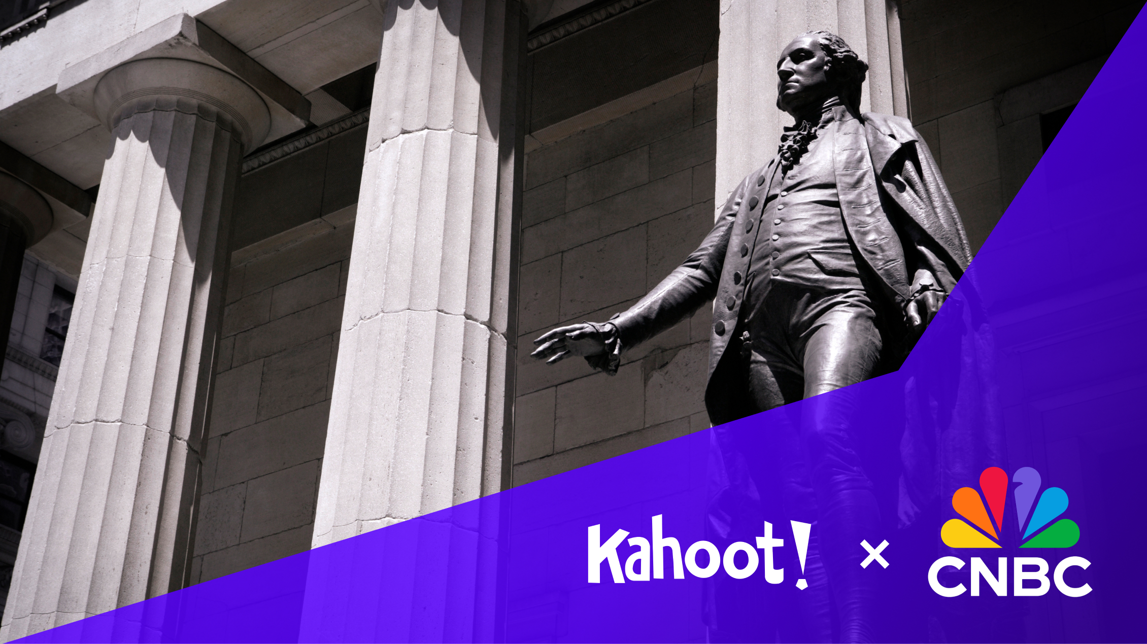 Statue of George Washington with Kahoot! and CNBC logos