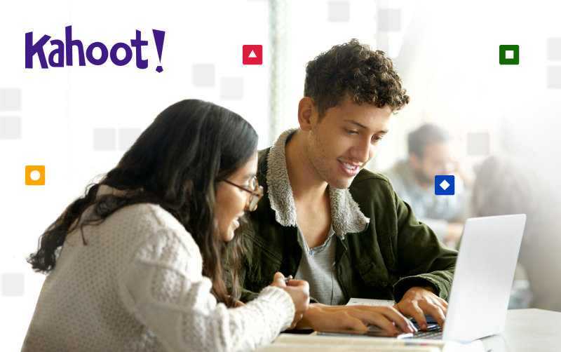 College students looking at a laptop, beside the Kahoot! logo