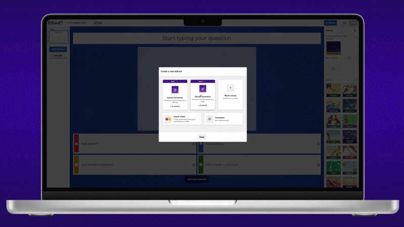 A laptop displaying an AI Wikipedia kahoot feature against a vibrant purple background and screen.