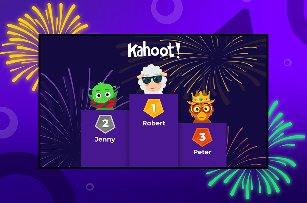 Kahoot! podium with fireworks in the background