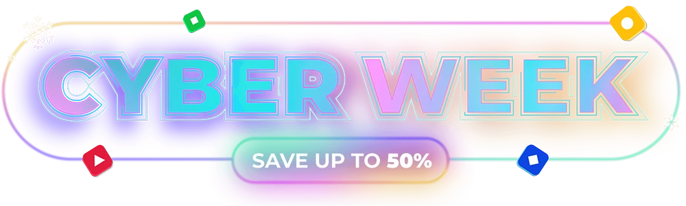 Cyber week logo with 50% off badge