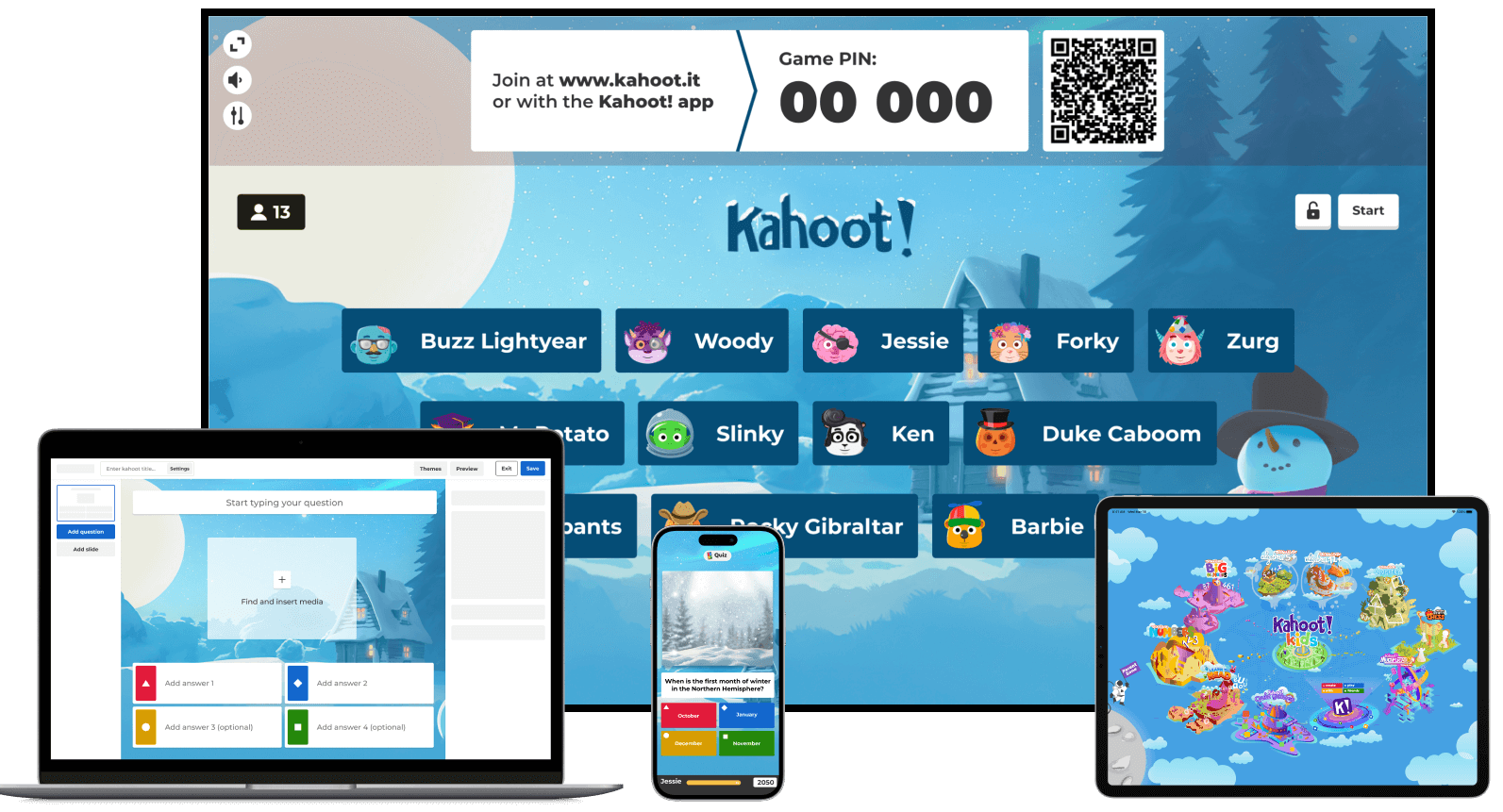 Different screens with Kahoot! winter theme