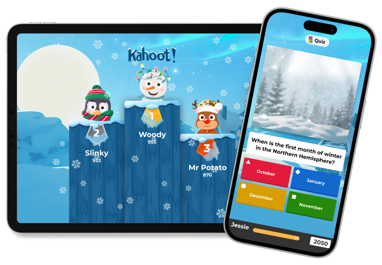 Mobile and tablet screen with Kahoot! winter theme