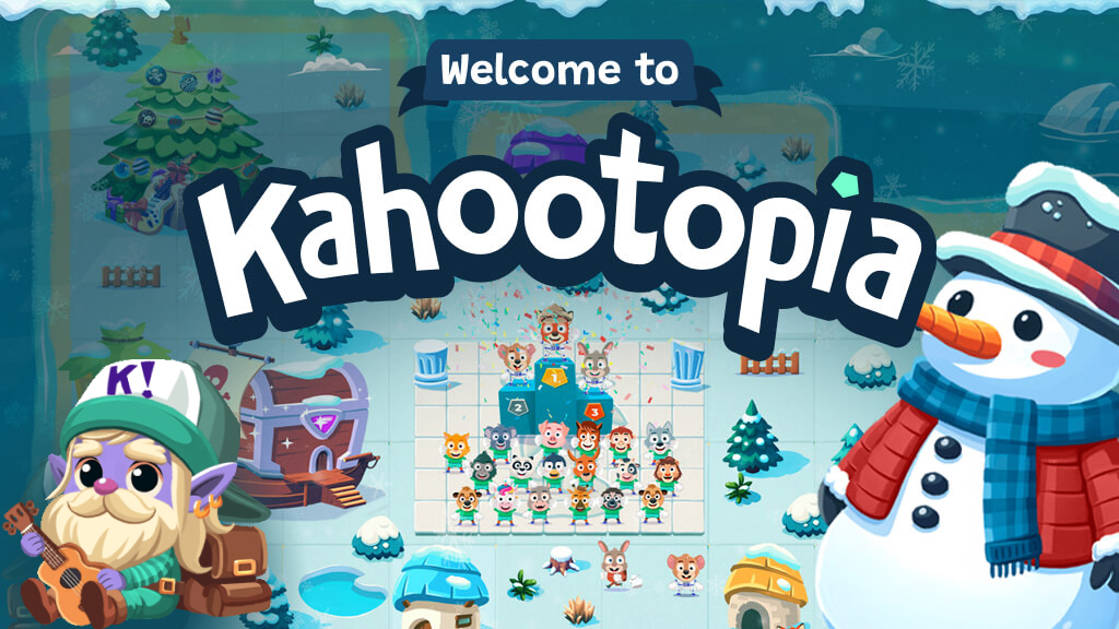 Kahootopia winter theme with snow man and elf.