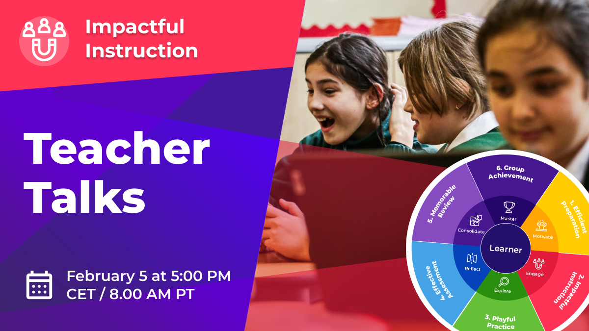 Students in classroom with text 'Teacher Talks February 5 at 8 AM PT'