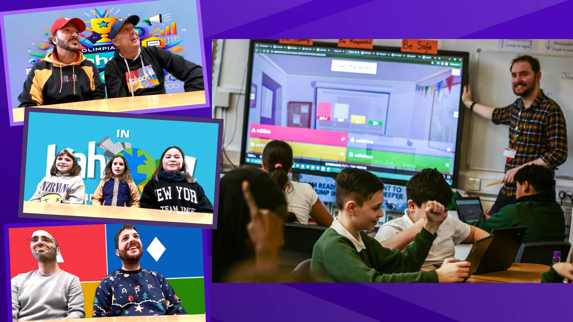 Four images of teachers in the classroom, all with Kahoot! gameplay backgrounds in the images behind them