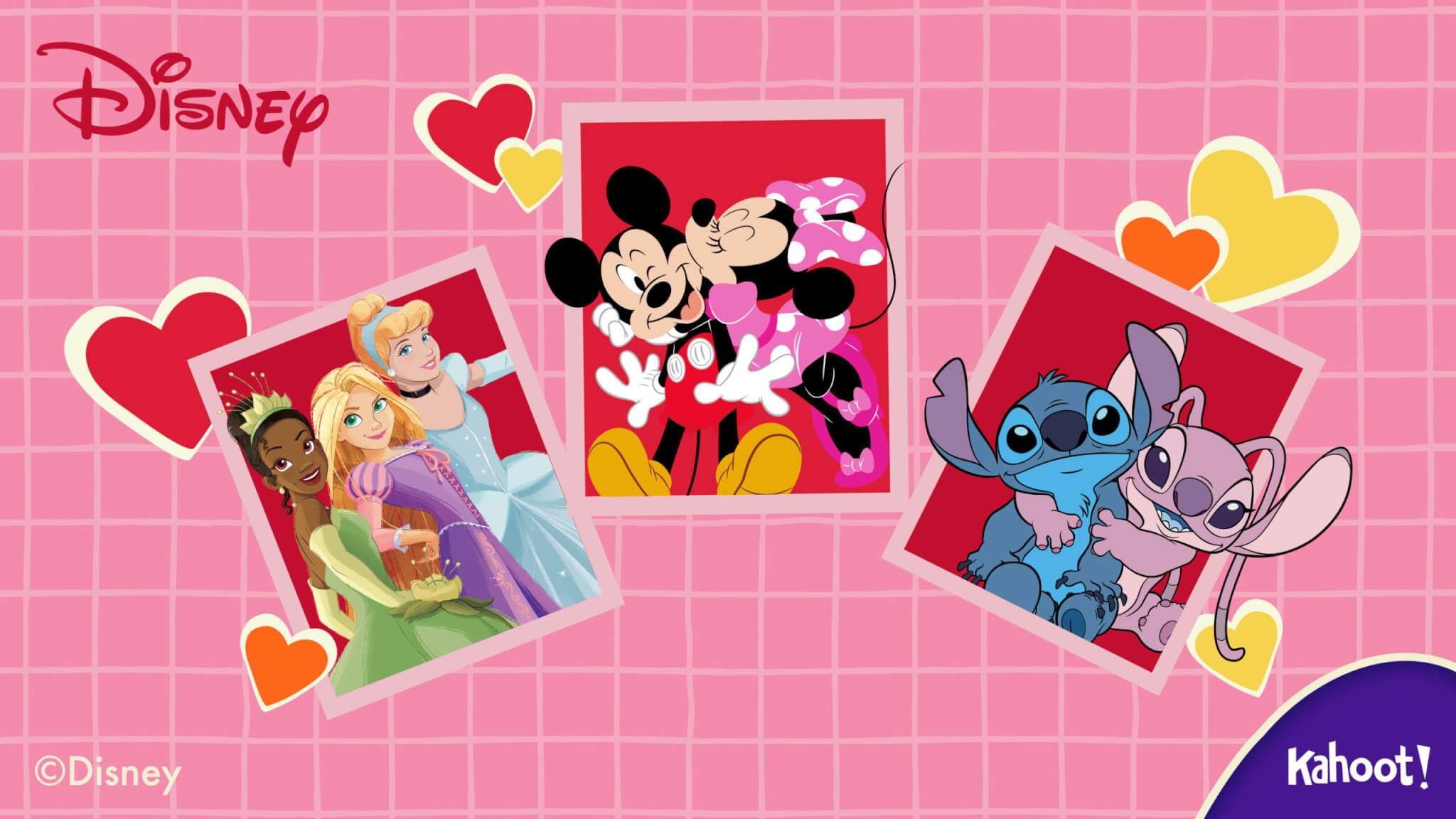 Disney characters in photo frames surrounded by hearts