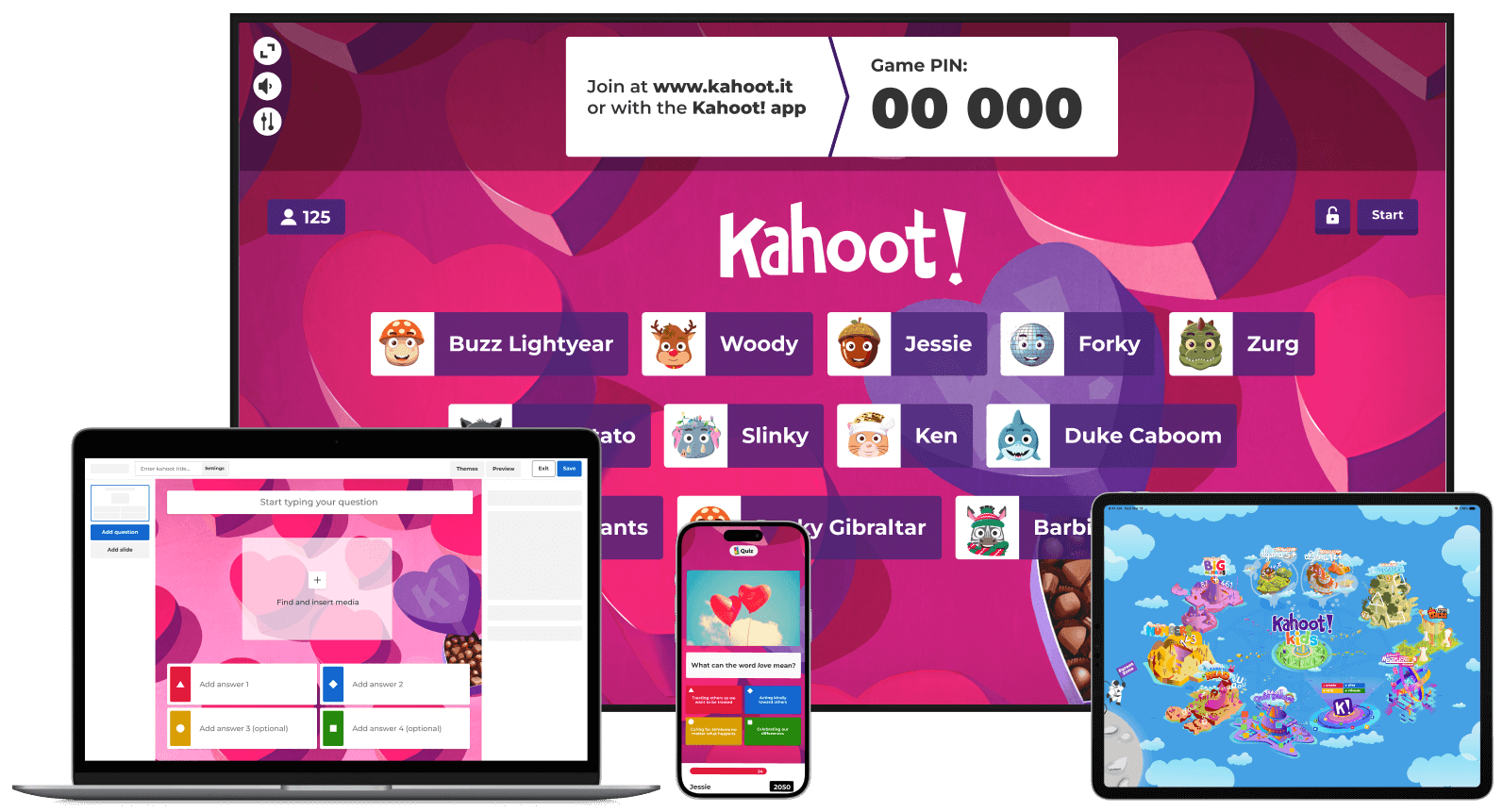 Different screens with Kahoot! valentines theme