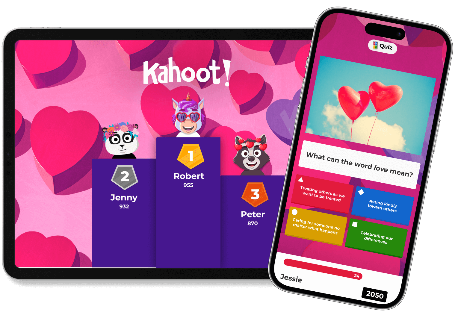 Mobile and tablet screen with Kahoot! valentines theme