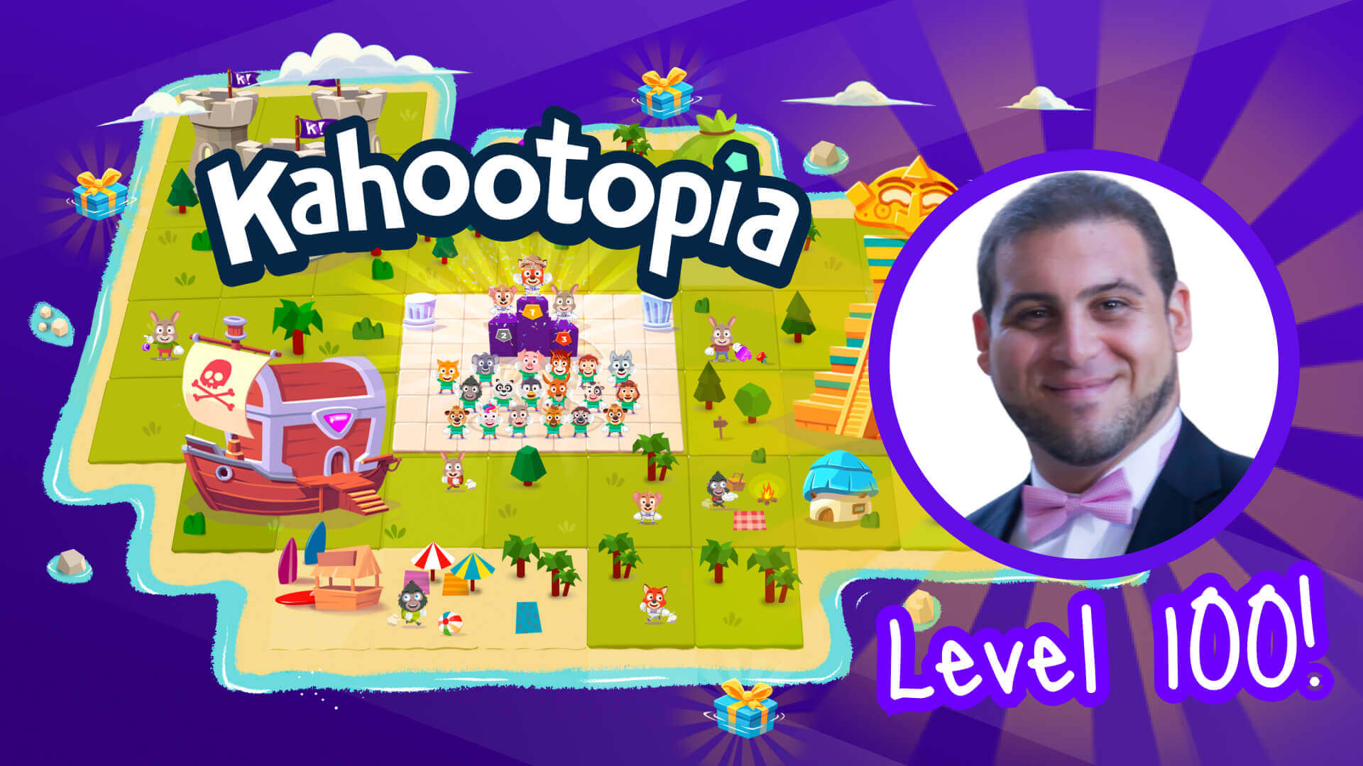 "Kahootopia" with island and "Level 100"