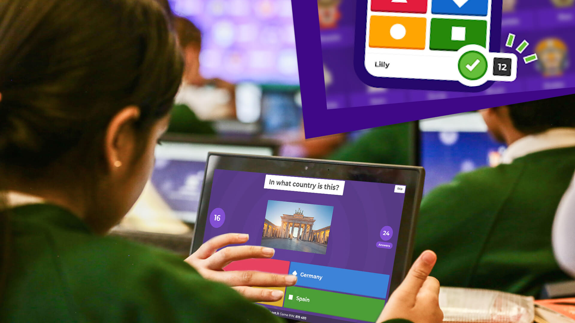 Student with quiz question on screen