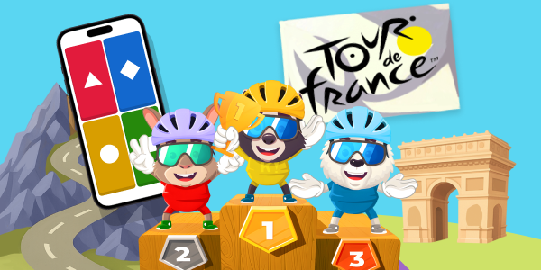 Kahoot characters standing on a podium in front of the Tour de France flag