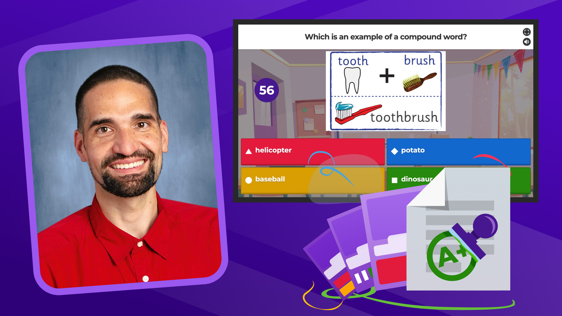 Teacher headshot and kahoot quiz question screenshot, "which is a compound word"?