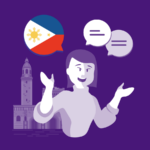 Drops illustration of person speaking and a flag of the Philippines