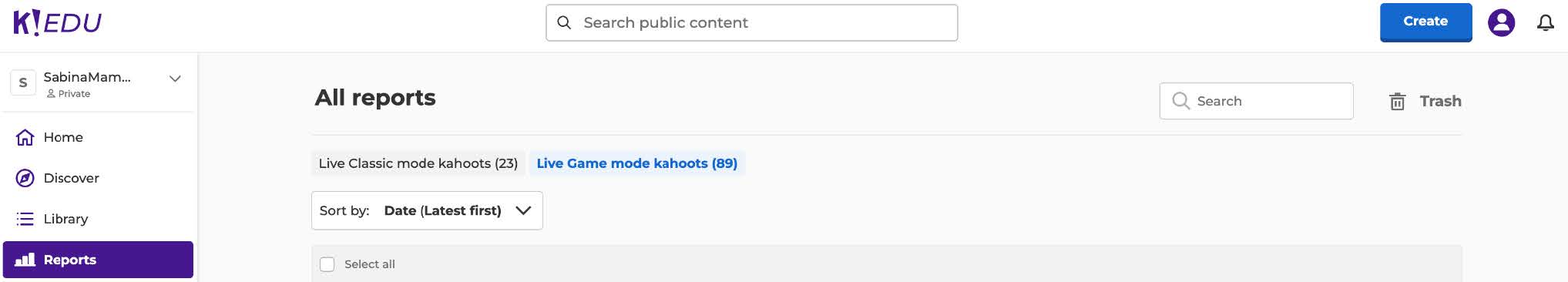 "all reports" - screen grab from Reports section of a Kahoot! profile