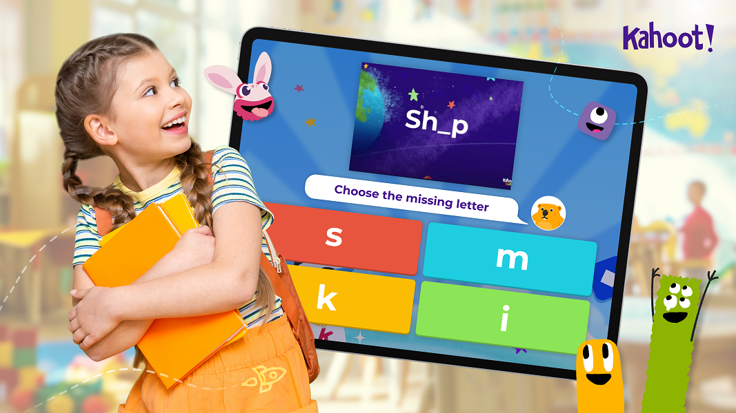 Child with backpack and books next to a Kahoot! Kids game on a tablet