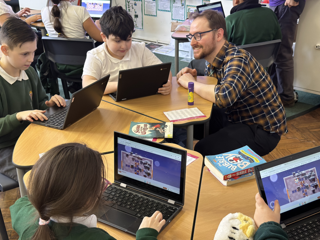 Teacher with students playing Kahoot! in a classroom
