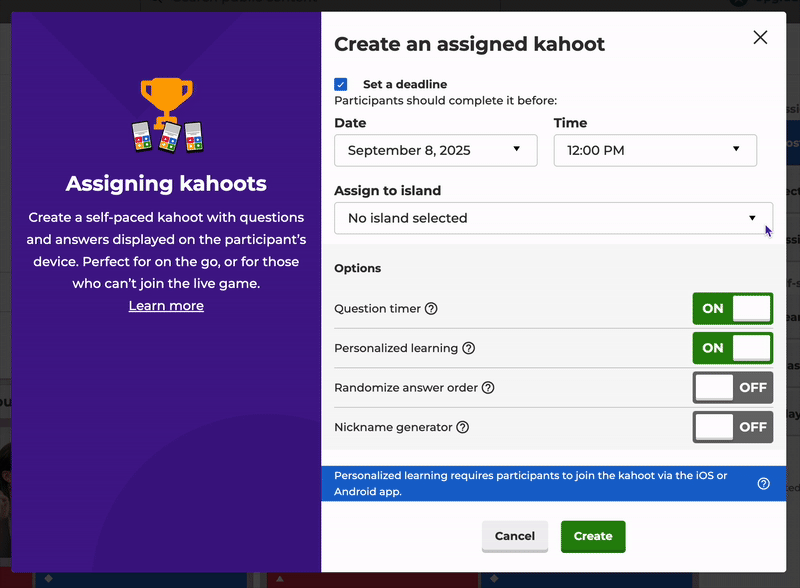 Follow clicks to assigning a kahoot to a Class Island
