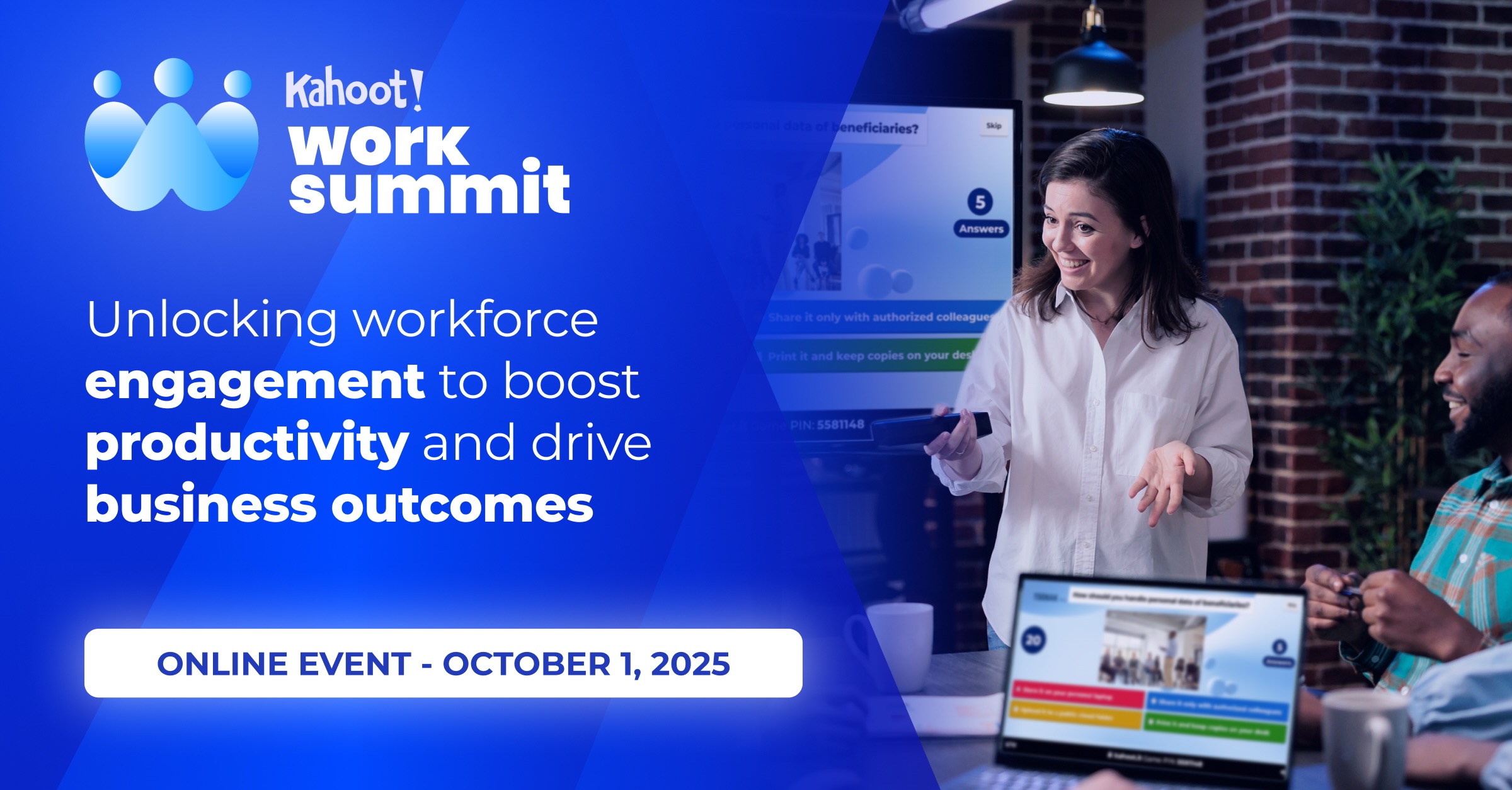 Kahoot! WorkSummit promo image with the title of the webinar: 