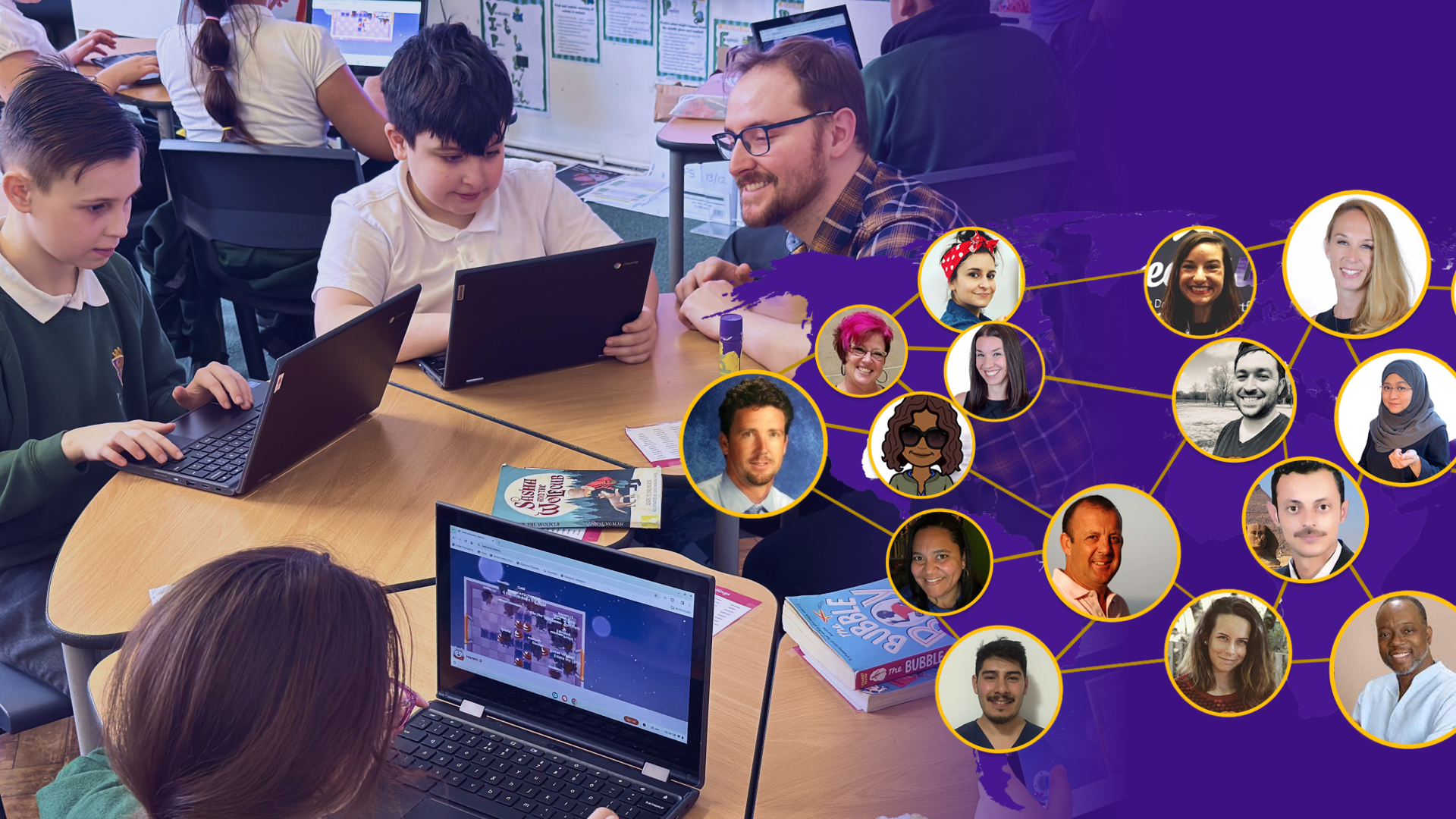 Students playing a kahoot with a diagram of our network of teachers