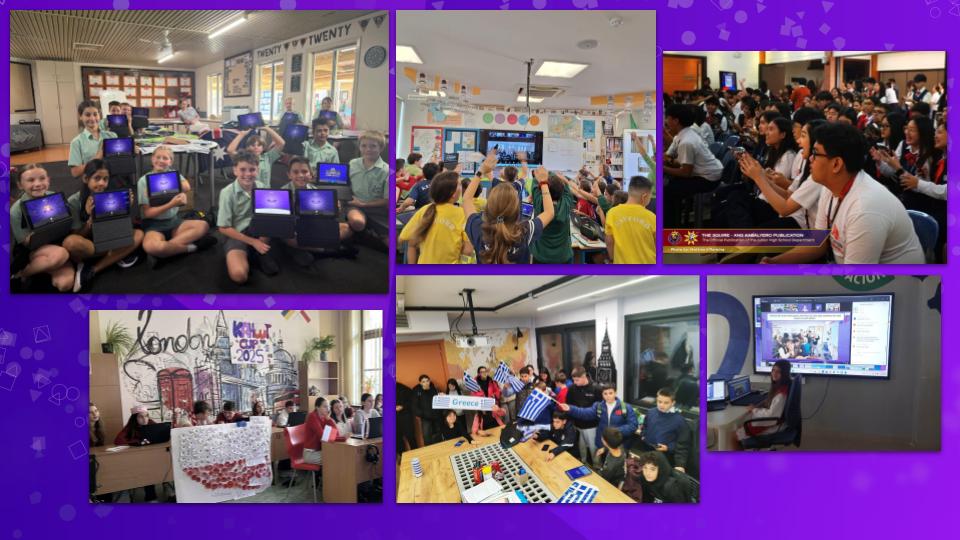 Collage on purple background; students sitting together with Kahoot! screens