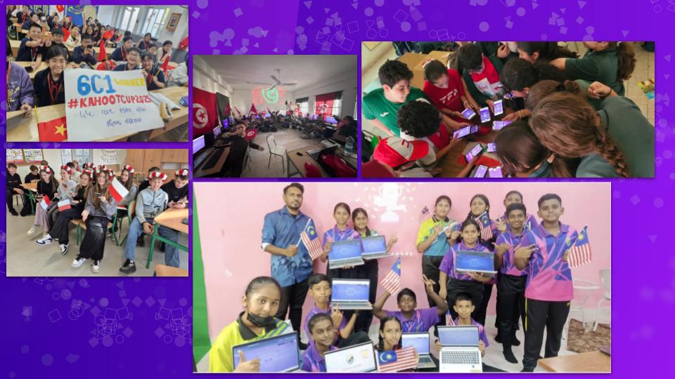 Collage on purple background; students sitting together with Kahoot! screens