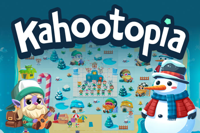 Kahootopia Winter map graphic showing a snowy, stylized landscape populated with elf characters, a snowman, a candy cane, and a small quiz podium.
