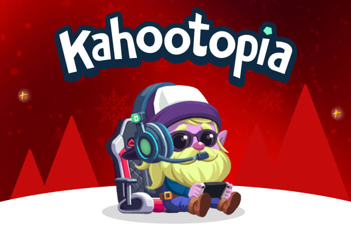 Kahootopia Christmas graphic featuring a cartoon gnome character with a beard and 3D glasses sitting in the snow against a red, snowy background.