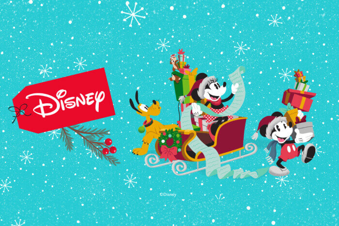 Disney Christmas graphic featuring Mickey and Minnie Mouse riding a sleigh and holding a long list, with Pluto pulling them, against a snowy, blue background.