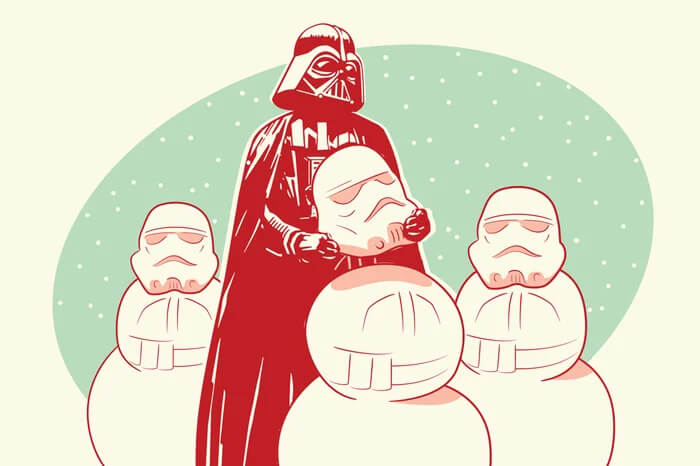 Red and white illustration of Darth Vader holding a Stormtrooper helmet while surrounded by several snowmen shaped like Stormtroopers, referencing Star Wars.