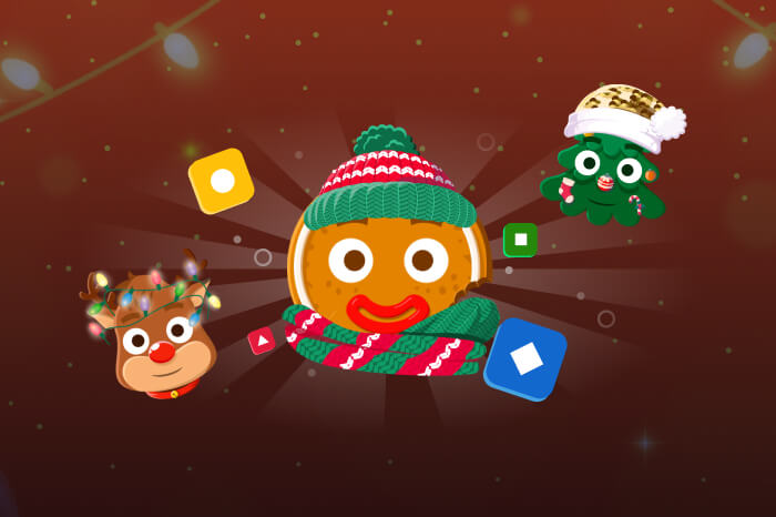 Christmas graphic featuring a gingerbread man wearing a winter hat and scarf, a reindeer with string lights, and a Christmas tree character, surrounded by Kahoot! icons.