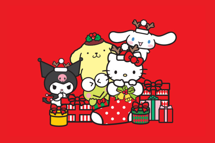 Sanrio Christmas illustration featuring Hello Kitty, Kuromi, Pompompurin, Keroppi, and Cinnamoroll all wearing holiday attire and surrounded by presents and a stocking on a red background.