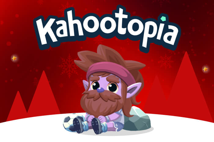 Kahootopia Christmas graphic featuring a cartoon gnome character with a beard sitting in the snow against a red, snowy background.