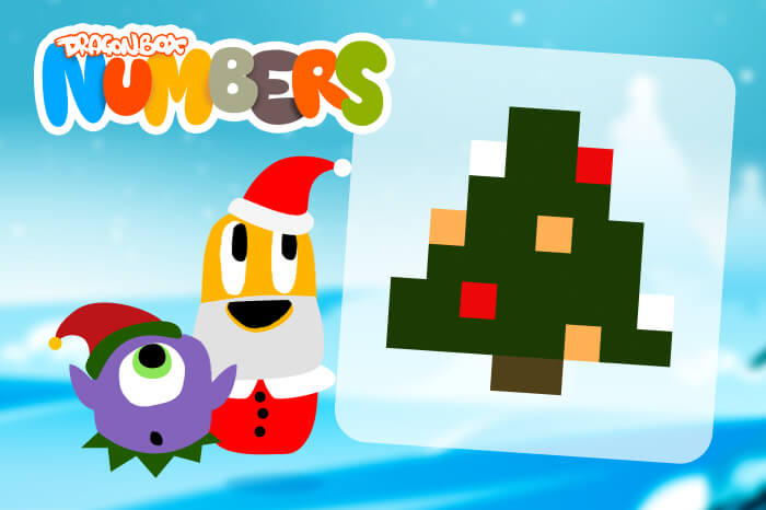 DragonBox Numbers educational game graphic showing two animated monster characters dressed in Santa hats next to a pixelated Christmas tree icon.
